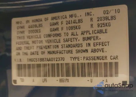 2010 Honda Accord 2.4 Ex-L z USA, uszkodzony, nr VIN 1HGCS1B87AA012370